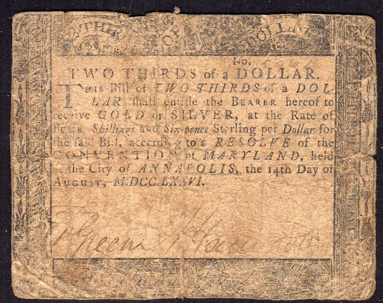 MD-95, Maryland Colony Two-Thirds Dollar of August 14, 1776, VG